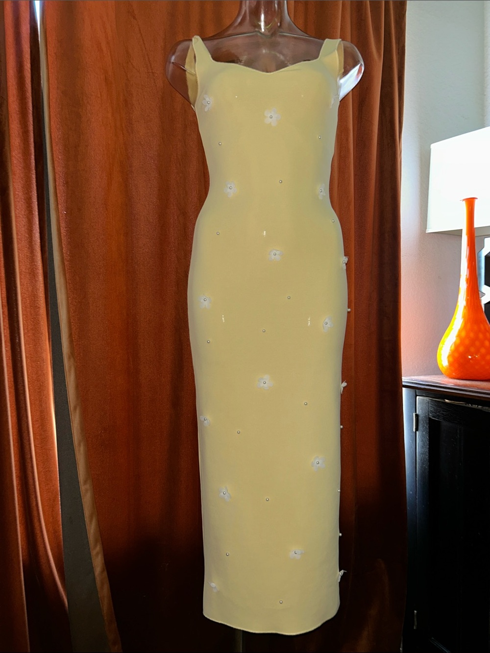 Zara Pale Yellow Maxi Sheath Dress with Floral Appliqués